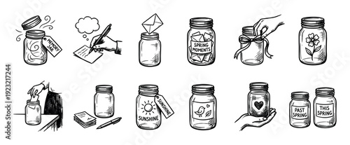 Hand-drawn sketch illustration set of memory jars for collecting wishes, moments, and happy memories in a nostalgic doodle style, isolated on a white background