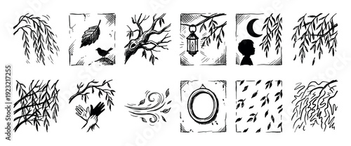 Set of hand-drawn black ink illustrations with mysterious and gothic elements like a willow tree, bird, lantern, and moon, in a vintage woodcut style isolated on a white background