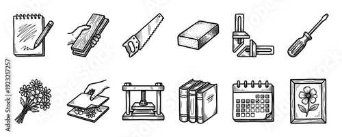 Set of hand-drawn hobby and craft icons in a vintage sketch style, featuring woodworking tools, a book press, herbarium elements, and a calendar, isolated on a white background