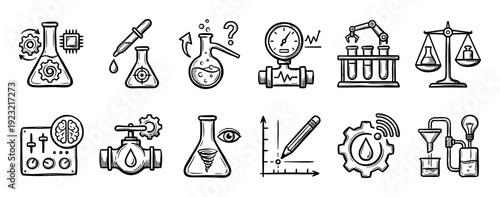 Set of hand-drawn science and engineering icons in a black and white doodle style, featuring laboratory equipment, technology symbols, and research concepts isolated on white