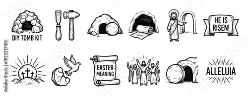 Set of hand-drawn Christian Easter icons depicting the resurrection story with an empty tomb, crosses, and religious symbols in a black and white sketch style isolated on white
