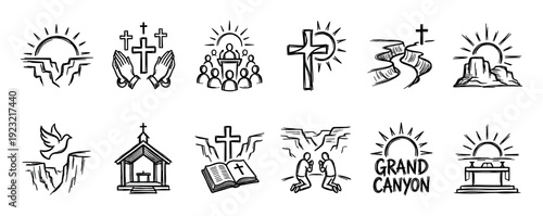 Set of hand drawn Christian icons featuring a large canyon, cross, bible, prayer, and church symbols in a simple black doodle style isolated on a white background