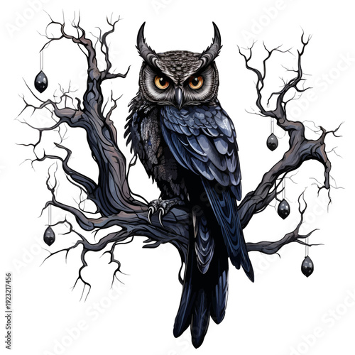 Gothic Dark Owl Clipart on Spooky Dead Tree with Black Teardrop Ornaments - Ethereal Night Bird Illustration