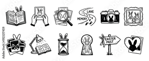 Set of hand-drawn black ink icons representing Easter memories, nostalgia, and the past, featuring bunnies, photos, a camera, and an album, isolated on a white background