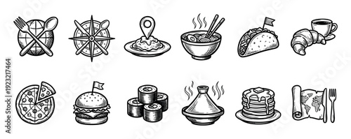 Hand-drawn food and travel icon set featuring world cuisine like pizza, sushi, and tacos, with navigation symbols like a compass and map, isolated on a white background
