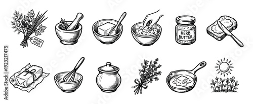 Hand drawn sketch icon set illustrating the process of making homemade herb butter with fresh ingredients, kitchen utensils, and serving suggestions isolated on a white background