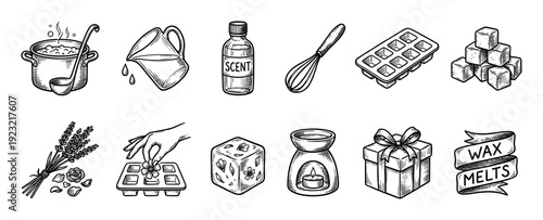 Hand-drawn wax melt making icon set showing the process of creating scented aromatherapy cubes with various tools like a pot, mold, and warmer in a vintage sketch style isolated on white