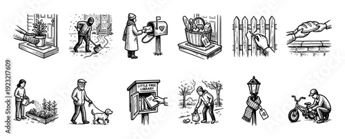 Set of hand-drawn black ink illustrations showing acts of kindness and community support, including sharing food, helping neighbors, and volunteering, in a vintage woodcut style isolated on white