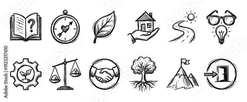 Hand-drawn sketch style icon set representing business, ecology, and personal growth concepts like goals, ideas, and partnership, isolated on a white background