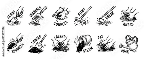 Set of twelve hand-drawn gardening illustrations showing soil preparation actions like crumbling, spreading, and soaking, rendered in a vintage black and white sketch style isolated on white