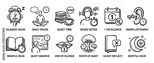 Collection of hand-drawn silence icons representing concepts like daily pause, quiet time, and noise detox in a simple sketch style on a white background