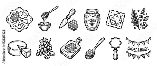 Hand drawn cheese and honey illustration set with various food elements like grapes, nuts, and crackers in a vintage sketch style, isolated on a white background for design