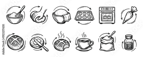 Hand drawn baking process icons set showing the steps of making bread from mixing flour to a finished hot bun, in a vintage sketch style isolated on white background