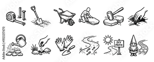 Hand-drawn garden path building icon set showing tools and steps for a DIY landscaping project, including a shovel, wheelbarrow, and paving stones, isolated on a white background