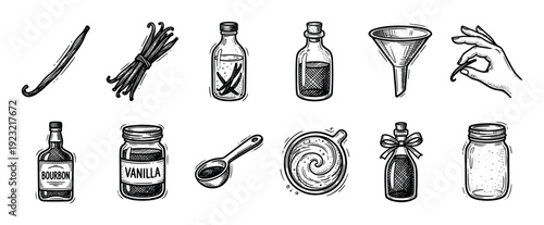 Vintage black and white vanilla illustration set showing the process of making homemade extract with beans, bottles, alcohol, and a funnel, in a hand-drawn sketch style isolated on white