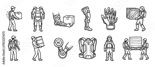 Set of hand-drawn exoskeleton illustrations showing workers with robotic assistance lifting heavy boxes and crates in a vintage engraving style, isolated on a white background
