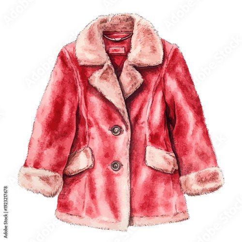 Watercolor Red Faux Fur Coat Clipart with Shearling Trim and Large Buttons - Cozy Winter Fashion Illustration