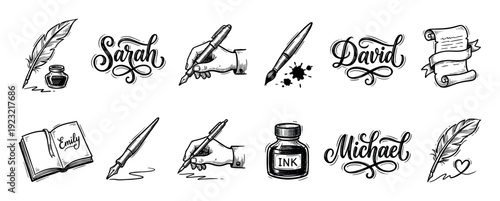 Set of hand-drawn calligraphy elements including a quill, inkwell, fountain pen, scroll, and lettering in a vintage sketch style, isolated on a white background