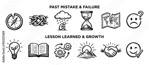 Hand drawn icon set illustrating concepts of past mistakes and failures transforming into lessons learned and personal growth, a sketch style infographic isolated on white background