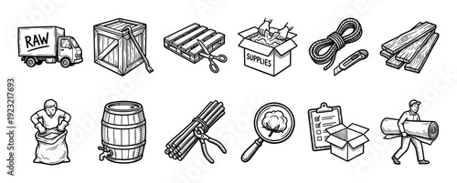 Hand-drawn black and white icon set representing raw materials, logistics, and the supply chain, featuring a truck, crate, pallet, and worker in a detailed sketch style isolated on white