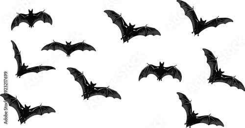Black bat silhouettes set, flying nocturnal animal vector illustrations, spooky halloween icons, colony of bats in flight for graphic design,