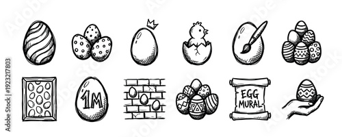 Hand-drawn Easter egg icons set in a black and white doodle style showing various holiday concepts like painting, hatching, and hunting, isolated on a white background