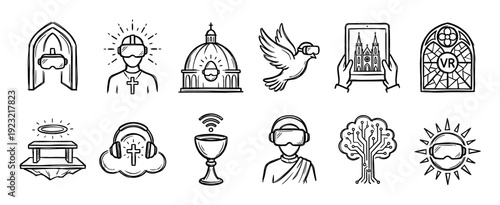 Set of hand-drawn doodle icons combining religious and spiritual symbols with modern technology like virtual reality headsets and digital concepts, isolated on a white background