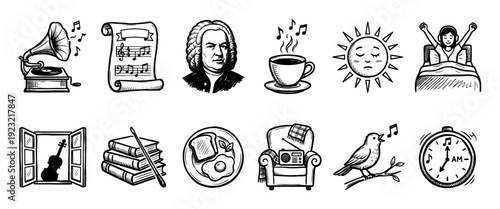 Set of hand-drawn black and white icons depicting a morning routine with classical music, coffee, breakfast, and waking up, in a sketchy doodle style isolated on a white background