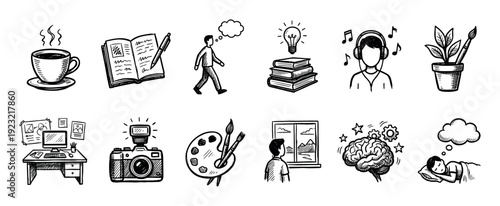 Set of black and white hand-drawn icons representing creativity, hobbies, thinking, and daily life activities like reading, painting, and photography, isolated on a white background