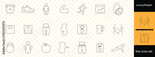 A set of line icons related to Losing Weight. Weight, loss, work, fat, nutrition, exercise, sleep, and so on. Vector editable stroke.