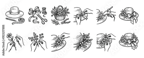 Vintage style hand-drawn vector illustration set showing the process of decorating a straw hat with flowers, ribbons, and berries in a detailed engraving style isolated on white