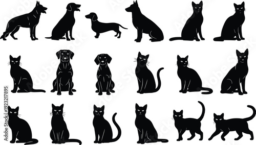 Dogs and cats silhouettes illustration set, domestic pet vector artwork, animal design graphics, nature icons collection, educational zoology symbol representation