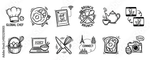 Hand-drawn black and white food and technology icons in a doodle style, featuring a chef hat, brunch, live streaming, and global travel symbols isolated on a white background