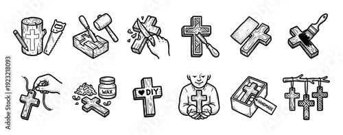 Hand-drawn doodle icon set showing the process of making a wooden Christian cross, from carving a log to the finished handmade religious symbol, isolated on white background
