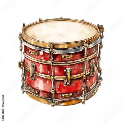 Vintage Watercolor Red Snare Drum Clipart with Gold Hardware and Ornate Percussion Detailing - Musical Instrument Illustration
