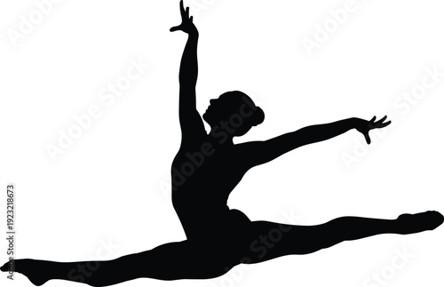 Black gymnast silhouette performing splits in air, female athlete jumping vector illustration, rhythmic gymnastics pose for sports graphic design elements,