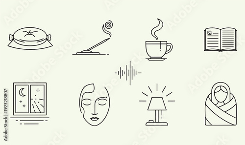 Premium Self-Care  Mindfulness Icon Set - 8 Minimalist Line Art Graphics for Wellness Blogs, Mental Health Apps, Relaxation Guides  Sleep Hygiene Assets