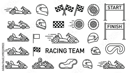 Go kart racing team thin line icon collection vector illustration featuring track start finish banner vehicle safety helmet flag and wheel outline graphic design