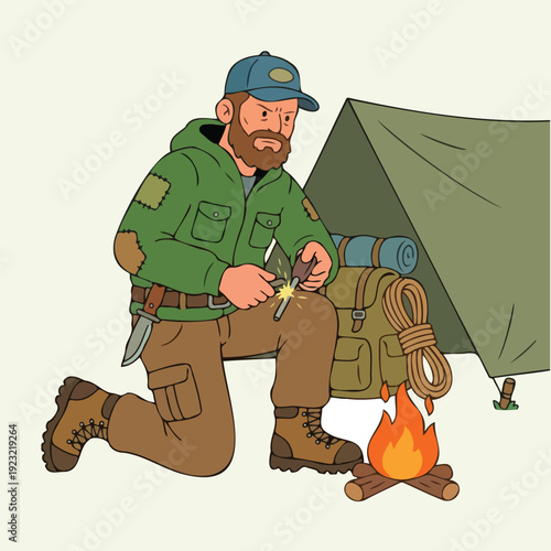 Bearded man in outdoor gear starting a campfire at a campsite