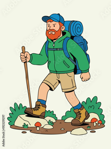 Bearded man hiker with backpack and walking stick on nature trail