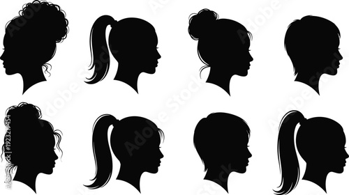 Black women hairstyle silhouettes set, female head profiles with ponytail and bun vector illustrations, diverse hair fashion outlines for design,