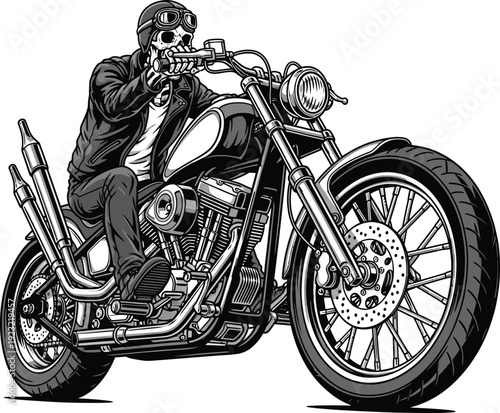 Monochrome illustration of a skeleton biker in a leather jacket riding a custom chopper motorcycle.