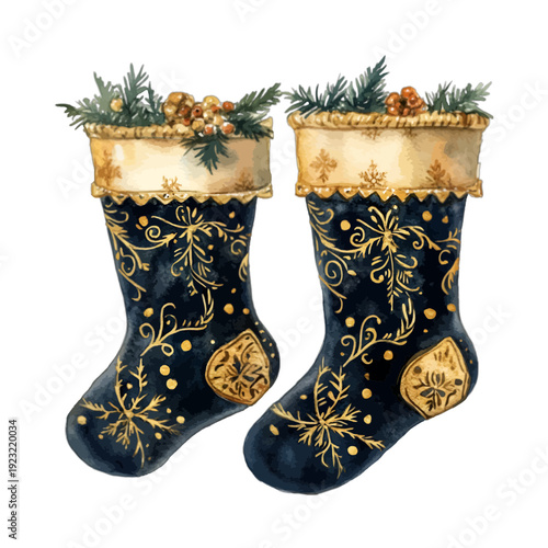Watercolor Illustration of Two Elegant Navy Blue Christmas Stockings with Golden Filigree and Pine Branch Decorations Isolated on White