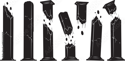 Cracked and broken black stone pillars in a row