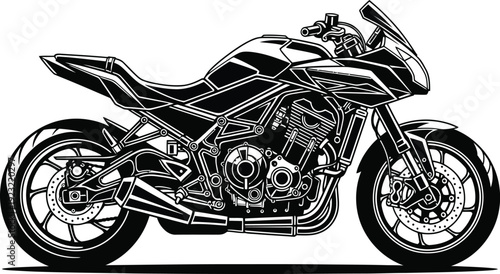 Stylized black and white vector illustration of a modern sport motorcycle in a side profile view.