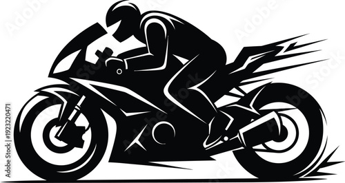 Stylized black silhouette of a motorcycle racer in a dynamic forwardleaning pose depicting high speed with motion lines.