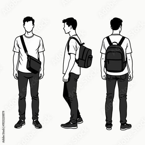 Professional technical sketch showing a man with a versatile black backpack and shoulder bag in three views perfect for travel gear and urban lifestyle design.
