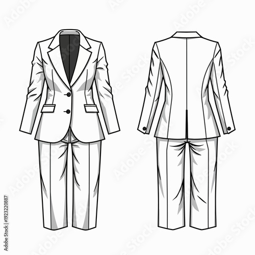 Sophisticated white tailored business pant suit for women including a structured blazer and matching trousers for a powerful and professional corporate look.
