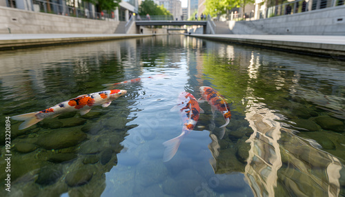 Colorful koi fish swimming in clear water of urban canal  