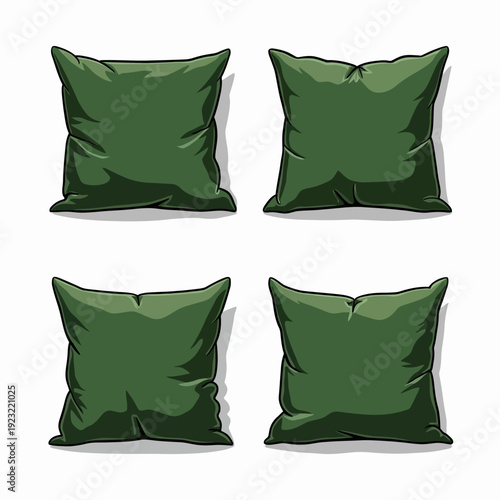 Set of four forest green square throw pillows for living room sofa decor. Comfortable velvet cushions for a modern home interior styling or staging project.
